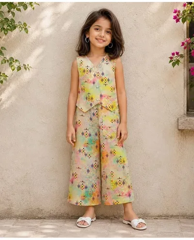 Woven Sleeveless Geometric Printed Coordinating Top & Pants Set - Multi Colour